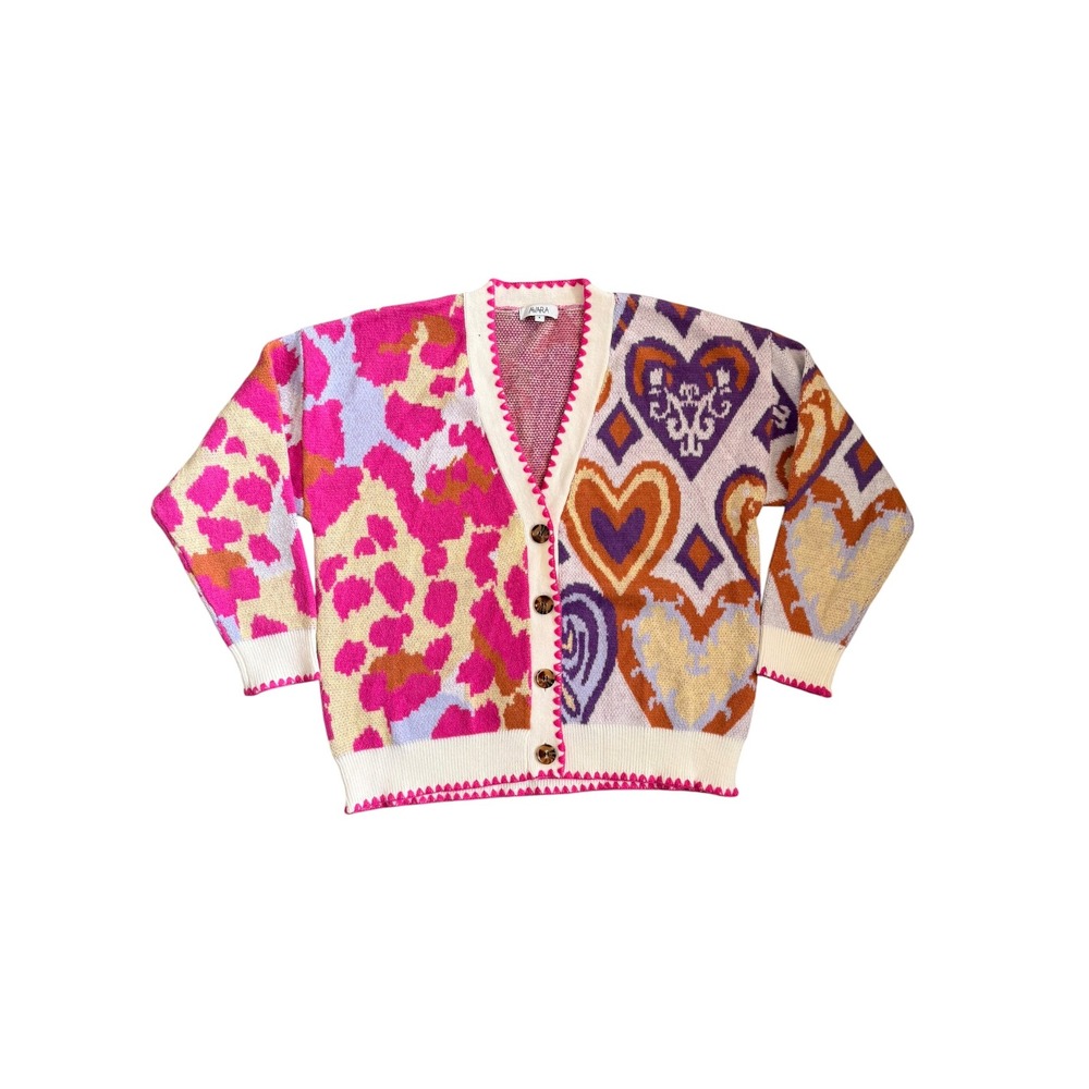 Avara Women Pink Heart Leopard Mixed Print Scallop Trim Cardigan Sweater Size S